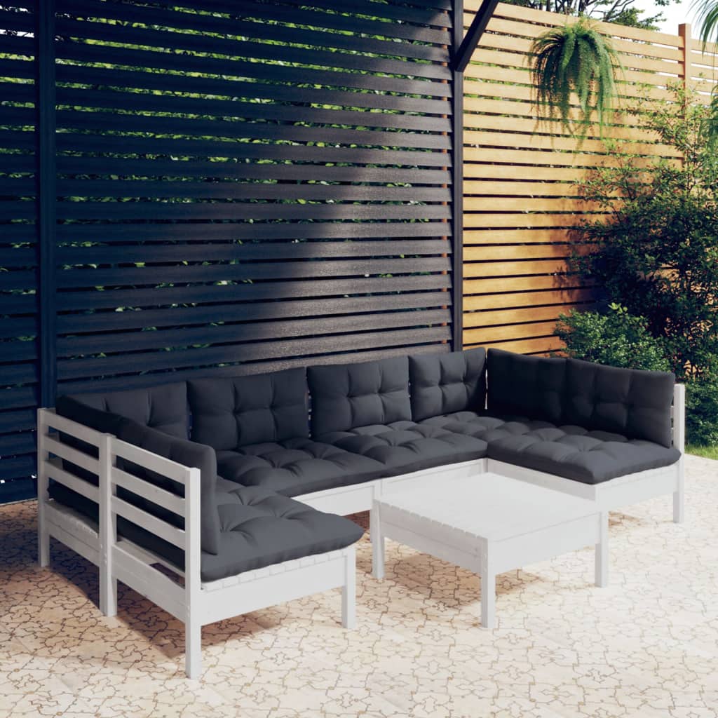 7-tlg. Garten-Lounge-Set mit Kissen Weiss Kiefer Massivholz